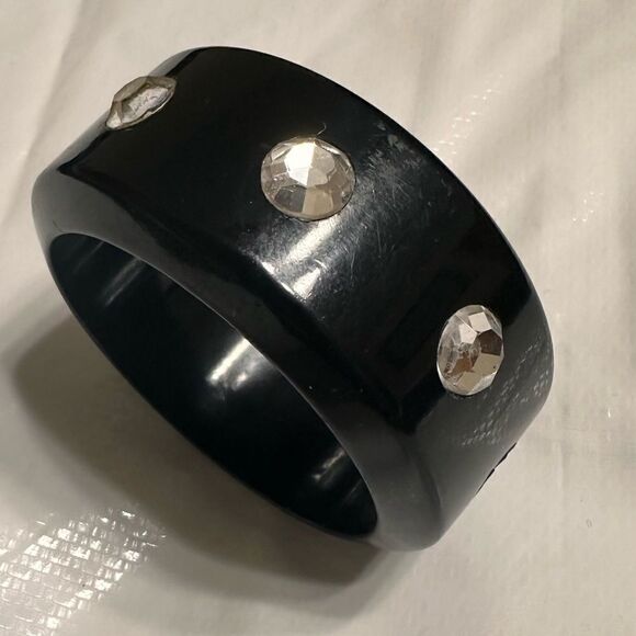 Vintage 50s Black Bakelite (?) Plastic and rhinestone Bangles Bracelets - Picture 12 of 13